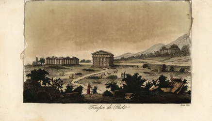 Udsigt over de gamle græske templer i Hera ved Paestum, Italien