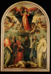 Lægernes disput om den ubesmittede undfangelse, ca. 1530 (maleri på træ)