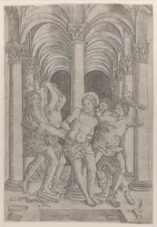 The Flagellation of Christ, der er bundet til en søjle i midten, sat i en arkade, 1509., 1509.