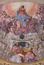 Genova, Duomo (St. Lawrence Cathedral), indvendigt, Lercari-kapellet eller Det Hellige Sakraments kapel (nordlige apsis), apsis: "Jomfruens himmelfart", fresko af Giovanni Battista Castello kendt som Bergamasco