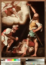 Johannes Døberens Dekollation En mand bryder sig om at tage hovedet af helgenen op og lægge det på et plateau (Beheading of St John Baptist) Maleri af Il Cerano (Giovan Battista Crespi) (1567/8-1632), Genes, Musei di Strada Nuova (inv n PB 2812)