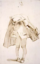 PD.129-1961 Karikatur af en mand med bøjet hoved, muligvis en pukkelryg (pen og blæk og vask)