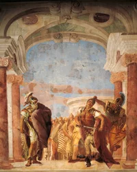 Minerva hindrer Achilleus i at dræbe Agamemnon, af Giambattista Tiepolo (1696-1770), fresco, Iliadeværelset, Villa Valmarana «Ai Nani», Vicenza, Italien
