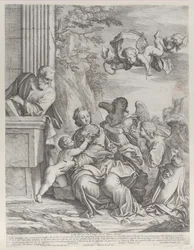 Den hellige familie med engle til højre og over hovedet, 1652.