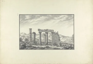 Udsigt over ruinerne af et ionisk tempel ved Sardis, sandsynligvis Neptuntemplet, ca. 1750 (grå vask, pen & blæk og blyant på papir)