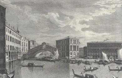 Rialtobroen, Venedig, med både og gondoler i vandet, 1763.