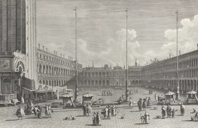 Udsigt over Piazza San Marco, med kirken San Geminiano i den fjerne ende, og figurer og..., 1763.