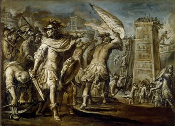 Første korstog: "" Genova condottiero Guglielmo Embriaco under erobringen af Jerusalem"" Det er oprindelsen til et angrebstårn lavet af skoven af Genova-skibe. Monokromt maleri af Giovanni Battista Carlone