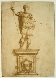 Statue af stående kriger på en piedestal