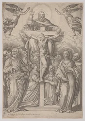 Treenigheden, med korsfæstelsen i centrum og helgener til begge sider, 1586.