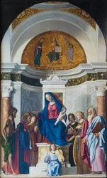 Entroniseret Madonna med barn og Johannes Døberen, Sankt Cosmas og Sankt Damian, ca. 1507 (olie på træ)