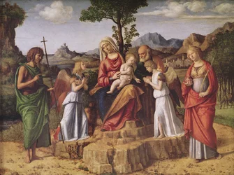 Hellig samtale (Den hellige familie omgivet af engle, Saint Lucy og Saint John the Baptiste), stopper før flyveturen til Egypten, ca. 1490