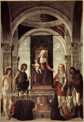 Hellig samtale, jomfru med barn omgivet af Johannes Døberen, Sankt Sebastian, Sankt Roch, Sankt Maria Magdalena (olie på lærred, ca. 1487-1488)