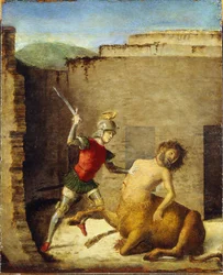 Thesee terrassant le Minotaure (centaure) - Theseus, der dræber minotaurus - Cima da Conegliano, Giovanni Battista (ca. 1459-1517) - 1505 - Olie på træ - 87,4x73,5 - Museo Poldi Pezzoli, Milano