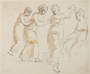 En siddende og tre dansende nymfer