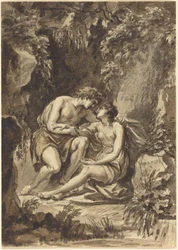 Angelica and Medoro (pen og sort blæk med brun og grå vask over grafit på lagt papir; bagside, motiv af fire koncentriske cirkler omkring laurbærkrans tegnet bagside i pen og sort blæk og grafit)
