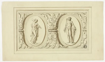To medaljoner med stående figurer af Omphale og Bacchus, adskilt af et design af akantusblade
