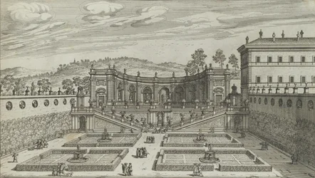 Et andet perspektivbillede af Teatro et Giardino Contigvo i Mondragone i Fras ..., 1691 eller senere.