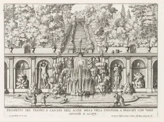 Cascade en Teatro delle Acque i de tuinen fra Villa Torlonia te Frascati Prospekt for teater- og vandkaskaden i Villa Ludovisia (...) (titel på objektet) Frascati-villaernes springvand (serietitel) Fonteinen van Frascati (serietitel)