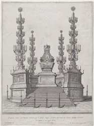 Katafalke for pave Clement X, central struktur på toppen af en femtentrins platform, med..., 1676.