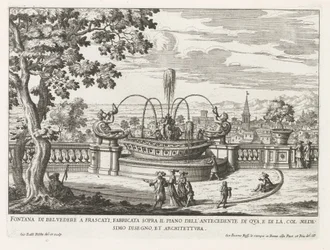 Fontein in de tuinen af ​​Villa Aldobrandini te Frascati Belvedere-fontænen i Frascati, bygget over gulvet i forgængeren på denne side (...) (titel på objektet) Frascati-villaernes springvand (serietitel) Fonteinen van Frascati (serietitel)