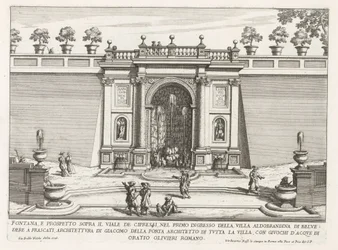 Fontein in de tuinen af ​​Villa Aldobrandini te Frascati Springvand og forhøjning over cypres alléen (...) (titel på objektet) Frascati-villaernes springvand (serietitel) Fonteinen van Frascati (serietitel)