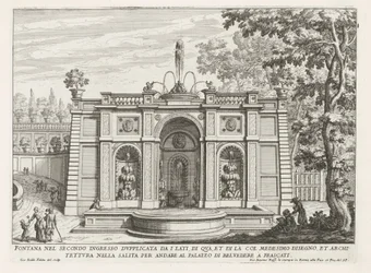 Fontein in de tuinen af ​​Villa Aldobrandini te Frascati Springvand i anden indgang fordoblet fra siderne (...) (titel på objekt) Frascati-villaernes springvand (serietitel) Fonteinen van Frascati (serietitel)