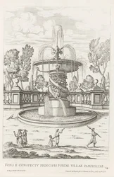 Fontein mødte dolfijnen i de tuinen af ​​Villa Doria Pamphilj te Rom Springvandet foran prinsens port til byen Pamfylien (titel på objektet) Le fontane ne palazzi e ne giardini di Roma (serietitel) Fonteinen in de paleizen en tuinen van Rome (serietitel