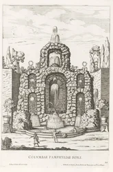 Springvand med duer i haverne ved Villa Doria Pamphilj i Rom Columbae Pamphyliae fons (titel på objekt) Le fontane ne palazzi e ne giardini di Roma (serietitel) Springvand i Roms paladser og haver (serietitel)