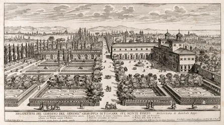 Perspektiv af haverne i Villa Medici i Rom, gravering fra Li Giardni (Haverne) af Giovanni Battista Falda (1640 eller 1643-1678)