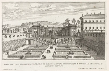 Tuinen van de Villa Mondragone te Frascati Endnu et perspektivbillede af teatret og den tilstødende have (...) (titel på objektet) Frascati-villaernes springvand (serietitel) Fonteinen van Frascati (serietitel)