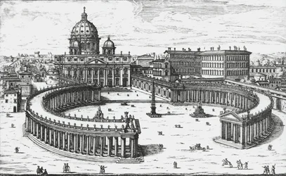 Vatikanstaten, Udsigt over Piazza San Pietro med Peterskirken og Vatikanets paladser, gravering af Giovanni Battista Falda. 1665