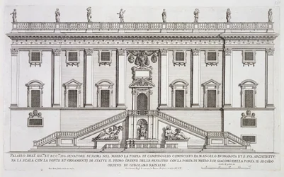 Udsigt over facaden på Palazzo Senatorio på Piazza del Campidoglio i Rom, påbegyndt af Michelangelo Buonarroti (1475-1564) og fuldført af Girolamo Rainaldi (1570-1655)
