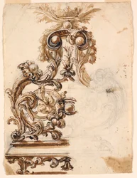 Tegning, design til et ornament i forgyldt bronze, 1680-1700