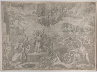 Synet af Ezekiel, med de døde opstandende og iført deres kød, Gud Faderen abo..., 1579.