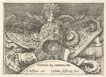 Plade 3: trofæer af romerske våben fra dekorationer over vinduerne på anden sal i ..., 1656.