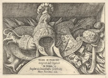 Plade 5: trofæer af romerske våben fra dekorationer over vinduerne på anden sal i ..., 1658.