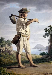 Bonde i baggrunden af Campi Flegrei, af Giovan Battista Lusieri (ca 1755-1821), akvarel på papir, 32x23 cm, Italien