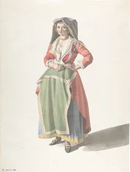 Ung kvinde, der står i traditionel napolitansk kjole, ca. 1775-1821.