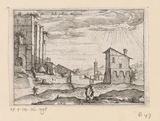 Ruinerne af Palazzo Maggiore i Rom og bygninger i nærheden Sallo pallazo Maggiore (titel på objekt) Udsigt over Rom (serietitel) Alcune vedute et prospettive di luoghi dishabitati di Roma (serietitel)