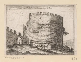 Tombe van Caecilia Metella te Rom Sepulcrum M. Mallorum kaldet Cape of Boue (titel på objektet) Gezichten op Rom (serietitel) Nogle udsigter og perspektiver af ubeboede steder i Rom (serietitel)