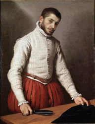Portræt af mennesket eller "" Skrædderen "" Maleri af Giovan Battista Moroni (Giovanbattista, Giovanni Battista) (ca. 1529-1578) 1570 Dim. 99,5x77 cm London, nationalgalleriet