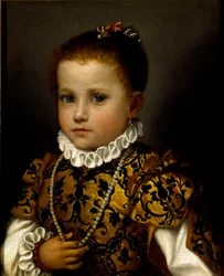 Portræt af en lille pige En lille pige, der er rigt klædt i en brokadekjole, hun bærer en perlekæde og en jordbærkrave. Maleri af Giovan Battista Moroni (cirka 1529-1578)