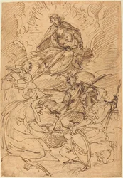 Madonnaen og barnet i herlighed tilbedt af hellige