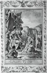 Armida foran Goffredo, gravering, af Giovanni Battista Piazzetta (1683-1754) for Canto III af Jerusalem leveret, af Torquato Tasso (1544-1595), udgivet af Giovanni Battista Albrizzi, Venedig, Italien