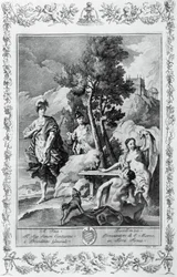 Carlo og Ubaldo i Happy Islands, gravering, af Giovanni Battista Piazzetta (1683-1754) for Canto XV af Jerusalem leveret, af Torquato Tasso (1544-1595), Giovanni Battista Albrizzi udgave, Venedig, Italien
