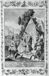 Crusaders at Siege of Jerusalem, gravering, af Giovanni Battista Piazzetta (1683-1754) for Canto III af Jerusalem leveret, af Torquato Tasso (1544-1595), udgivet af Giovanni Battista Albrizzi, Venedig, Italien