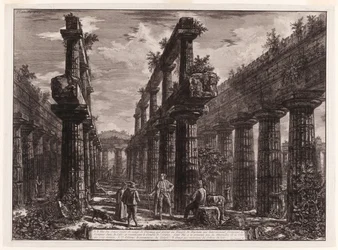 A., B. Udsigt over resterne af de to rækker søjler i Neptuntemplet, som oprindeligt dannede søjlegange langs siderne af cellaen og understøttede den øverste del af taget, fra Forskellige udsigter over Paestum