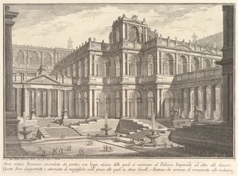 Gammelt romersk forum omgivet af portikoer med loggiaer, hvoraf nogle kommunikerer med..., ca. 1750.