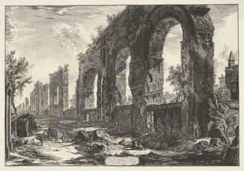 Aquaduct van Nero te Rom Rester af de neronske akvædukter, som de ønskede at ødelægge for deres alderdom (...) (titel på objekt) Gezichten op Rom (serietitel) Udsigt over Rom designet og indgraveret af Giambattista Piranesi-arkitekten Ve (nez) iano (ser)